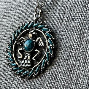 Vintage | Zuni Style Eagle Faux Turquoise Silver Tone 24" Necklace